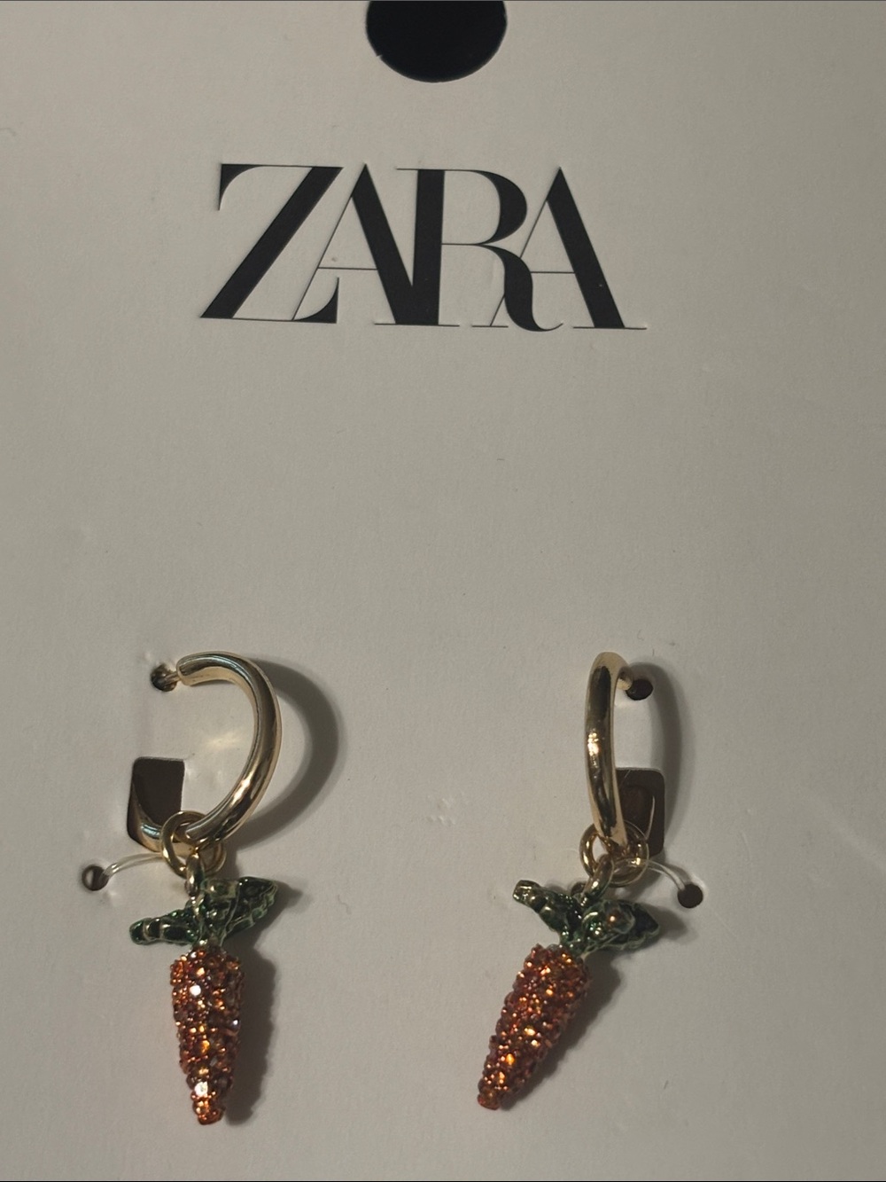 ZARA Gold Tone Hoop Earrings with Orange Crystal Carrot Charms with Green Tops